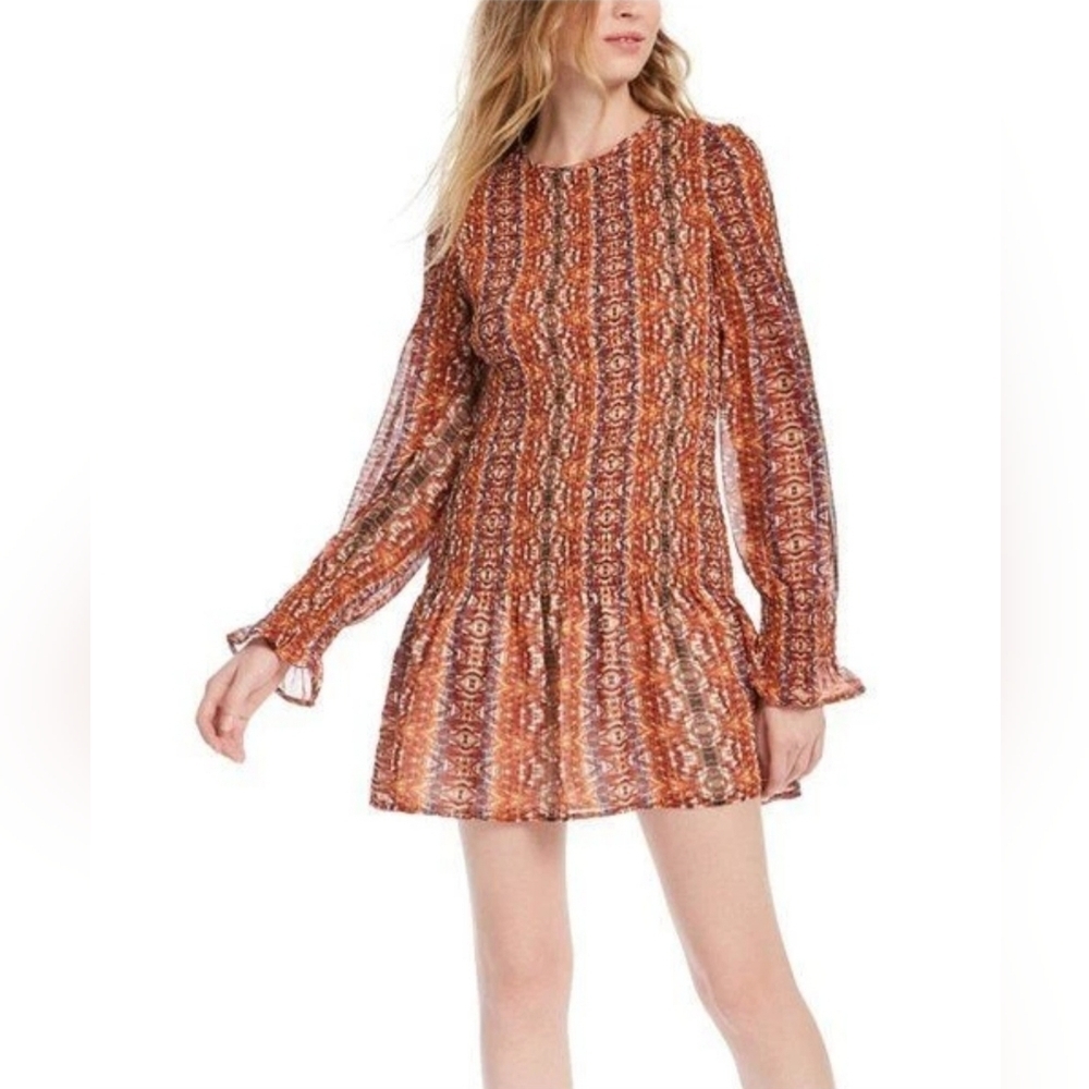 Leyden Long Sleeve Multicolor Drop Waist Smocked Dress Small New Boho earthy